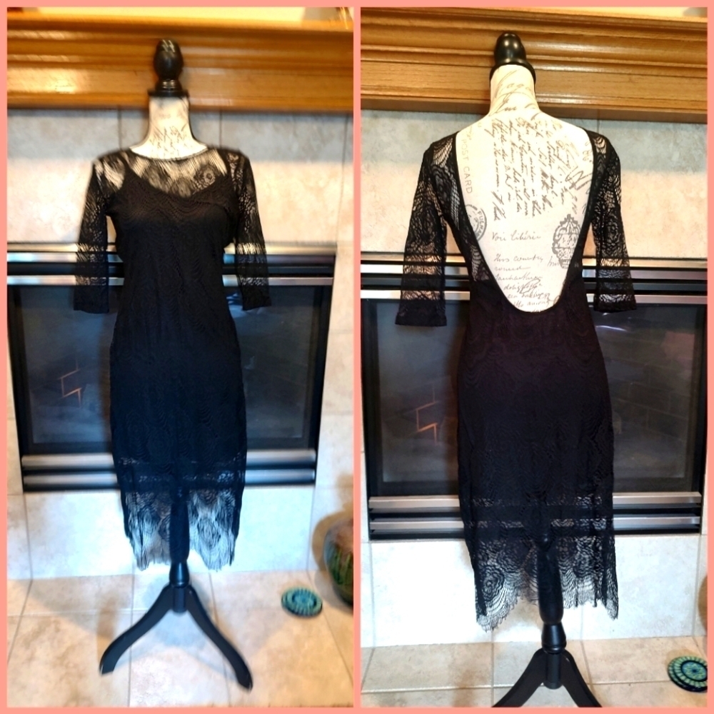 Gracie Large Black Lace Backless Long Sleeve Dress!